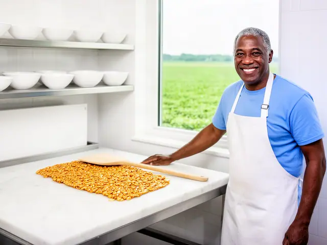 A candy maker beside a new marble cooling slab with a sheet of peanut brittle.