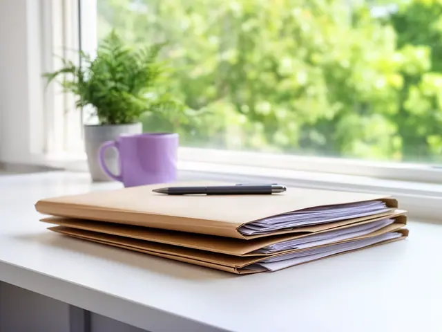 A neat stack of closed manila folders and a pen on a desk by a window.
