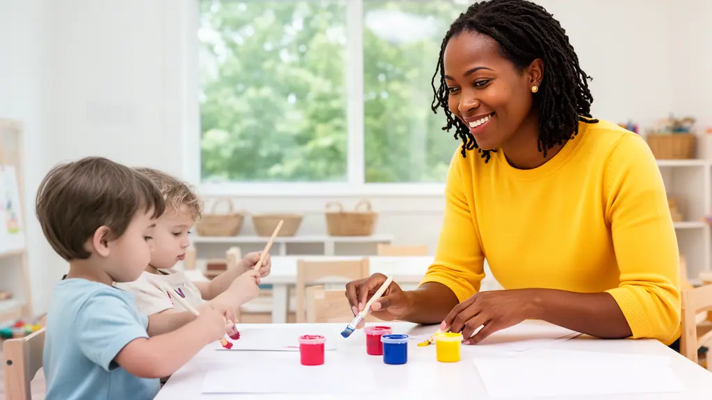 A child-care owner and two small children setting out paint pots and brushes on a low white table.