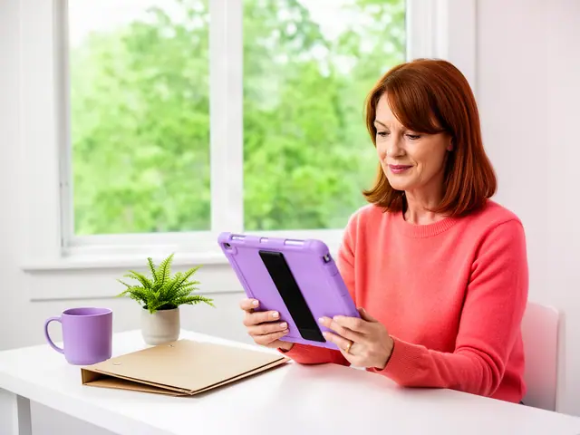 A woman with shoulder-length chestnut hair reviewing a tablet at a desk in a small back office.